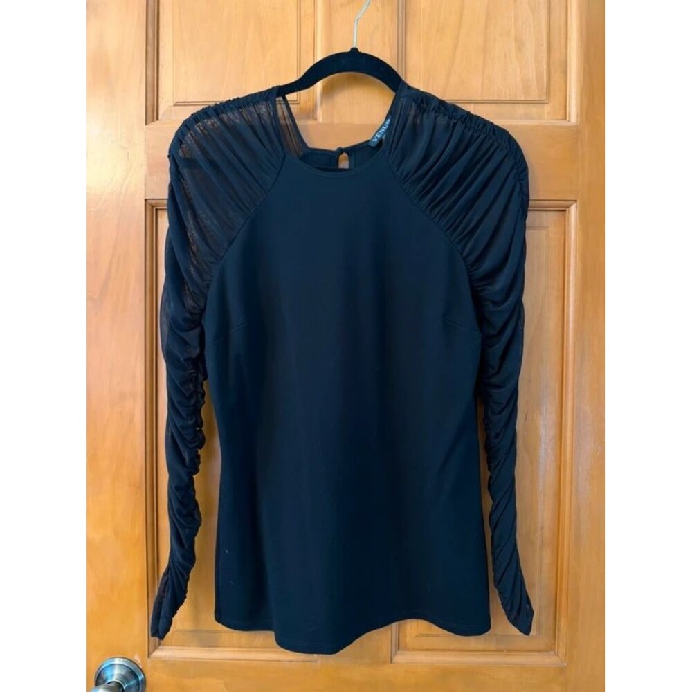 Black Top with Ruched Mesh Sleeves
